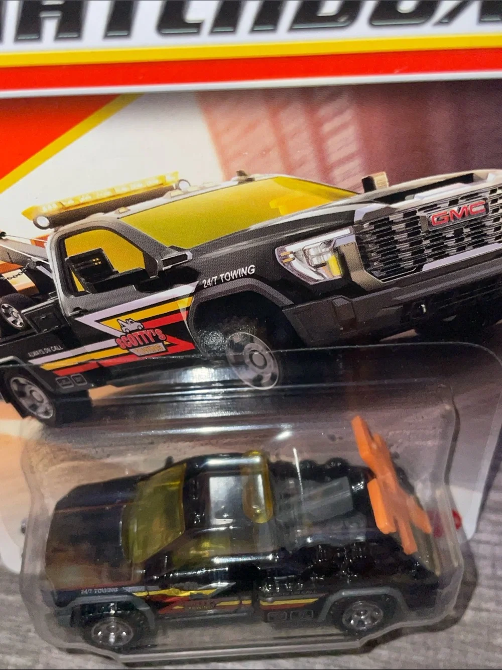 Tow Truck Matchbox 2024 GMC Sierra 3500 Wrecker Toy Truck - Black & Yellow